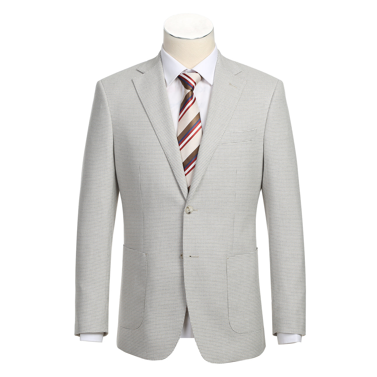 The English Laundry Smoke Grey Check Suit 12-20-600EL features a light gray slim fit jacket with a two-button closure, patch pockets, and is styled with a white shirt and striped red, black, and beige tie on a torso mannequin.