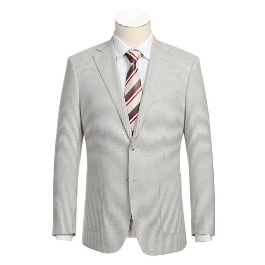 The English Laundry Smoke Grey Check Suit 12-20-600EL features a light gray slim fit jacket with a two-button closure, patch pockets, and is styled with a white shirt and striped red, black, and beige tie on a torso mannequin.