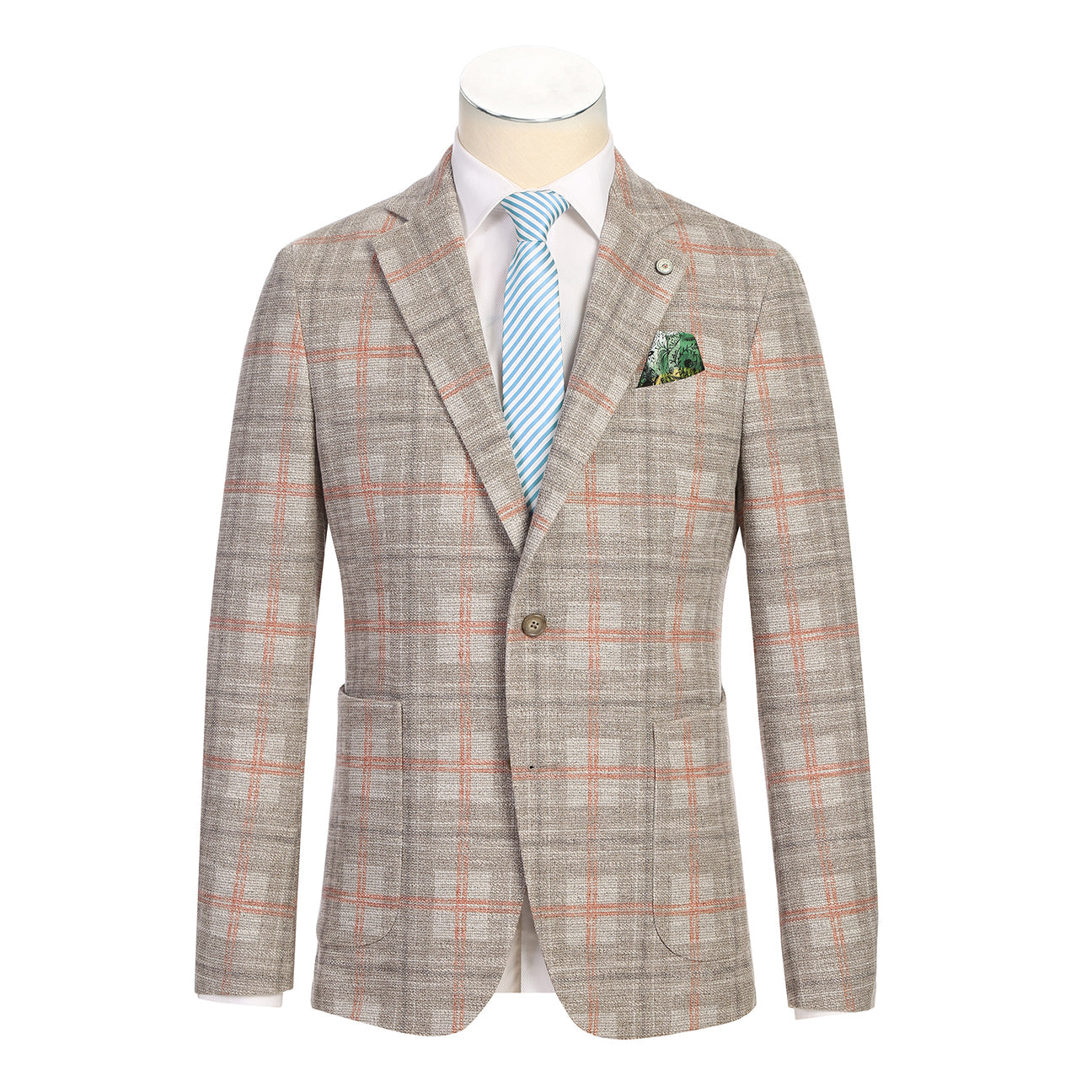 Pellagio Men's Half Canvas Blazer Beige PS25-1 is displayed on a mannequin with orange accents, notched lapel, white dress shirt, blue striped tie, and green patterned pocket square. Brand: Pellagio.