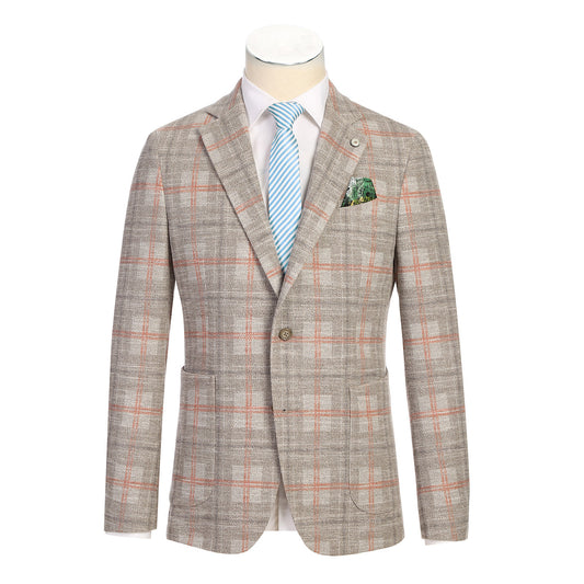 Pellagio Men's Half Canvas Blazer Beige PS25-1 is displayed on a mannequin with orange accents, notched lapel, white dress shirt, blue striped tie, and green patterned pocket square. Brand: Pellagio.