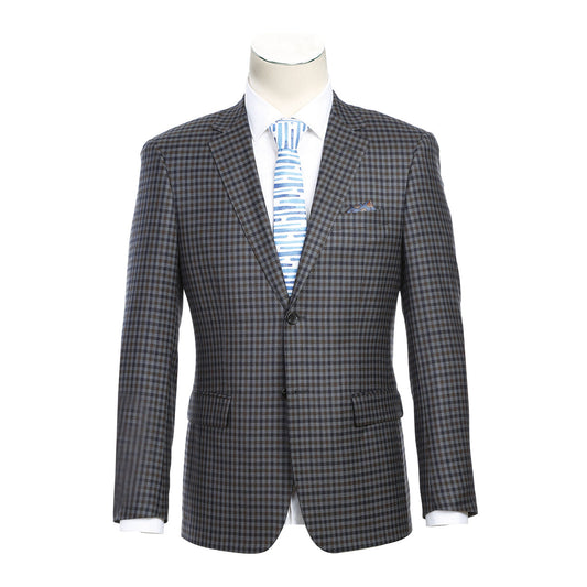 The Renoir Alessandro Vitello New Slim Fit Wool Checked Gray Blazer 563-10 is paired with a blue and white striped tie, shown on a mannequin against a white background.