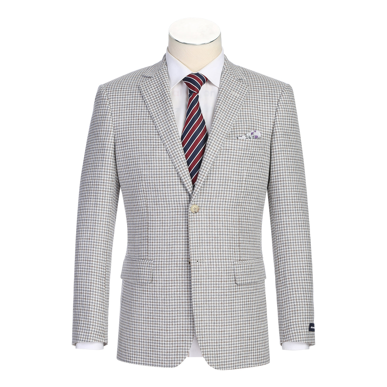 The mannequin displays the Renoir Alessandro Vitello New Slim Fit Light Beige Blazer 567-13, styled over a white dress shirt and a red, blue, and white striped tie.