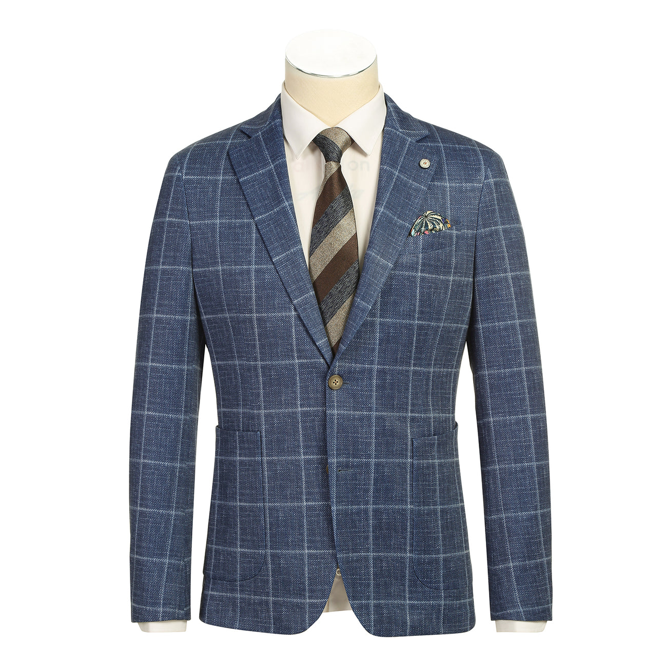 The Pellagio Riserva JKT Blazer PS25-6 by Pellagio is a blue plaid slim fit blazer with notched lapel, single button closure, and chest pocket with pocket square, styled over a white shirt and striped tie on a mannequin.