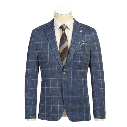 The Pellagio Riserva JKT Blazer PS25-6 by Pellagio is a blue plaid slim fit blazer with notched lapel, single button closure, and chest pocket with pocket square, styled over a white shirt and striped tie on a mannequin.