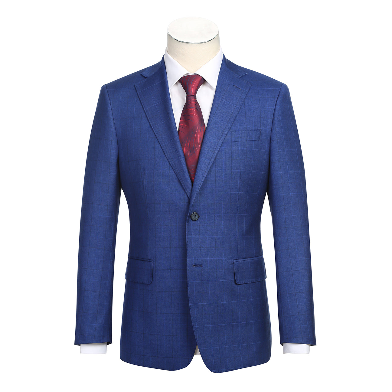 The ENGLISH LAUNDRY Royal Blue Check Suit 12-52-412EL by English Laundry features a slim fit jacket with notch lapels, styled on a mannequin with a white dress shirt and red patterned tie.