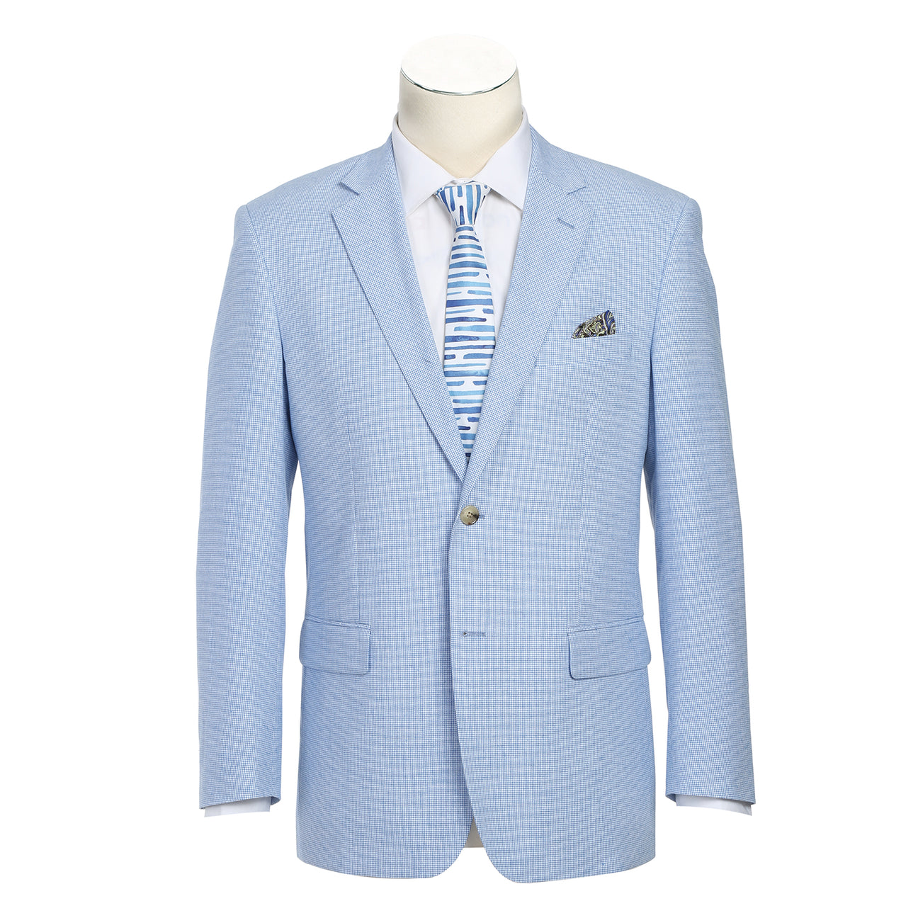 The Alessandro Vitello by Renoir Classic Fit Sport Coat 610-6, a light blue jacket with notch lapel made of linen cotton blend, is showcased on a mannequin with a white shirt and patterned blue tie.