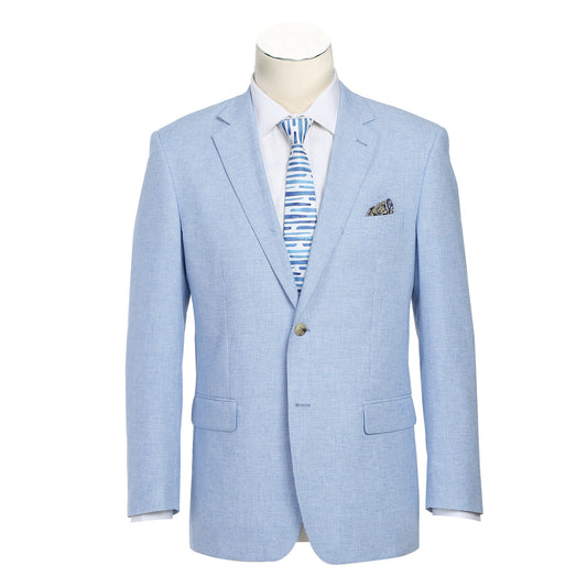 The Alessandro Vitello by Renoir Classic Fit Sport Coat 610-6, a light blue jacket with notch lapel made of linen cotton blend, is showcased on a mannequin with a white shirt and patterned blue tie.