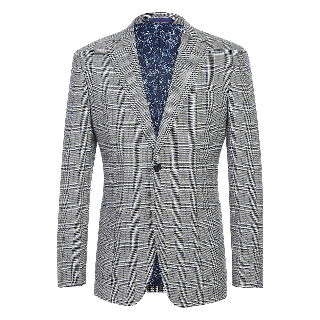 English Laundry 2pc Suit Light Gray 32-50-002EL: Men’s slim-fit single-breasted grey plaid blazer with two-button closure, two front pockets, and a blue patterned lining—versatile for any modern wardrobe. Displayed on a white background.