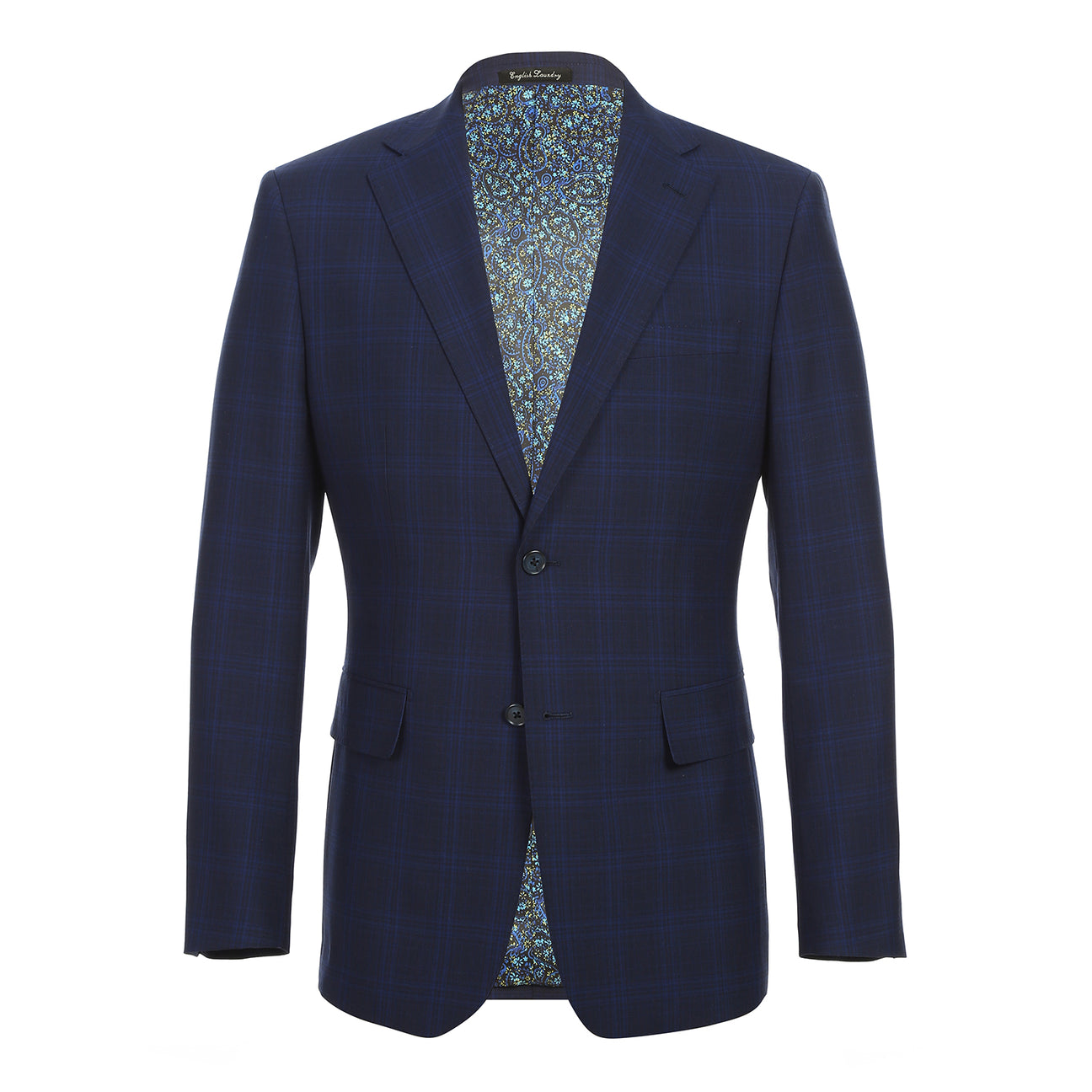 The ENGLISH LAUNDRY Dark Blue Wool Suit EL92-58-555 by English Laundry is a slim fit, plaid wool blazer with two buttons, notch lapels, flap pockets, and a patterned inner lining, shown against a white background.