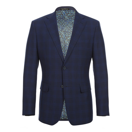 The ENGLISH LAUNDRY Dark Blue Wool Suit EL92-58-555 by English Laundry is a slim fit, plaid wool blazer with two buttons, notch lapels, flap pockets, and a patterned inner lining, shown against a white background.