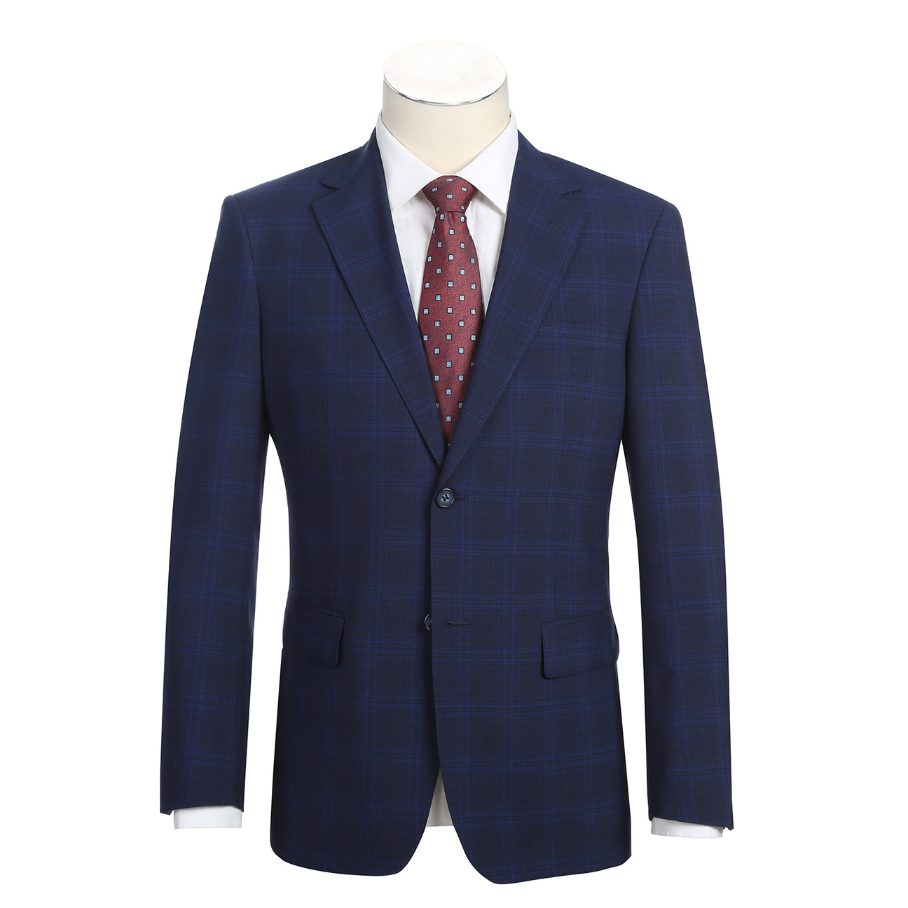 The Alessandro Vitello ALESSANDRO VITELLO New Slim Fit Wool Blue Suit 566-7 is shown on a headless mannequin with a white dress shirt and red patterned tie.