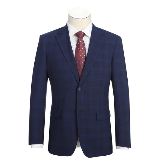 The Alessandro Vitello ALESSANDRO VITELLO New Slim Fit Wool Blue Suit 566-7 is shown on a headless mannequin with a white dress shirt and red patterned tie.