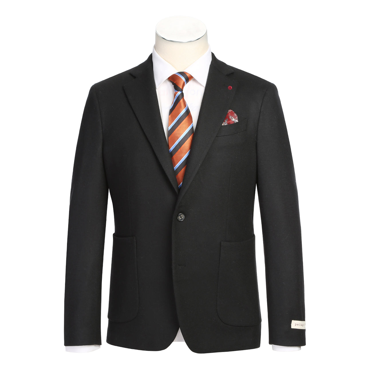 The Pellagio Men's Slim Fit Riserva Jacket Black PF25-17W by Pellagio, styled with a white dress shirt, striped orange tie, and patterned pocket square, is displayed on a headless mannequin.