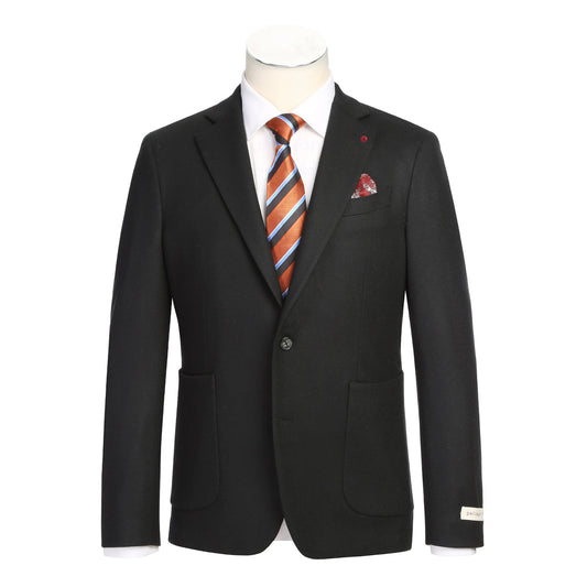 The Pellagio Men's Slim Fit Riserva Jacket Black PF25-17W by Pellagio, styled with a white dress shirt, striped orange tie, and patterned pocket square, is displayed on a headless mannequin.