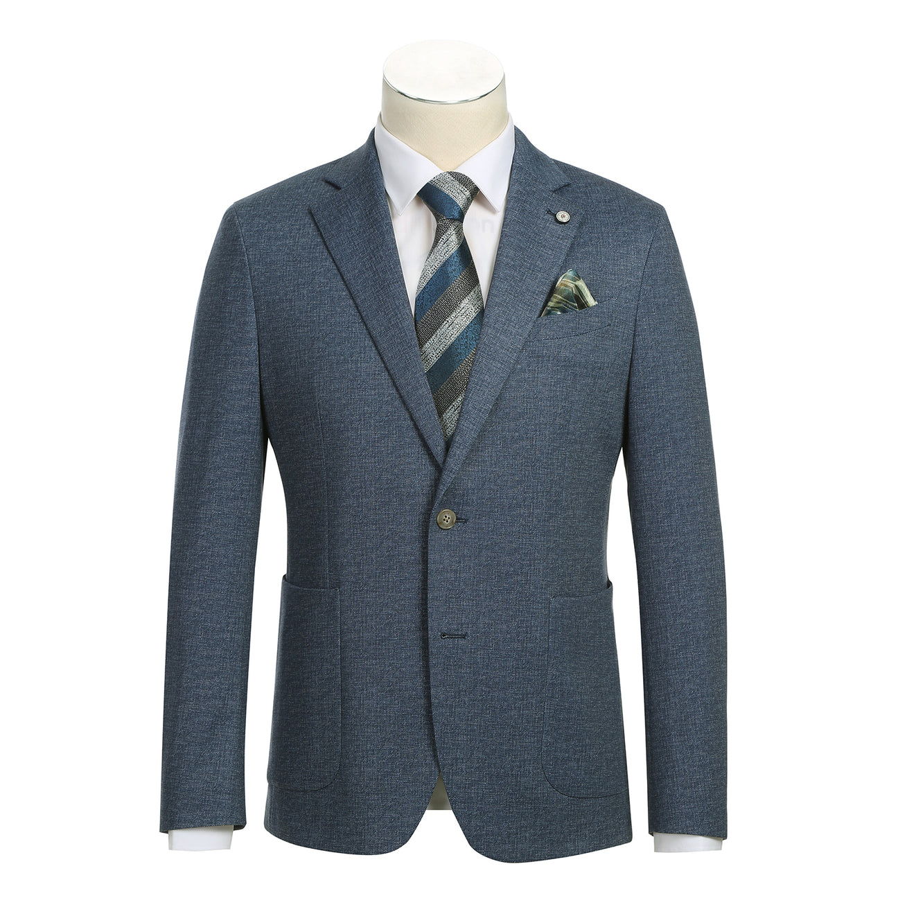 The Pellagio Navy Men's Half Canvas Blazer PS24-3 by Pellagio is a slim fit suit jacket featuring a floral lining, matching tie, and pocket square. It's crafted from 86% polyester, 9% rayon, and 5% spandex, with a buttoned front, notched lapel, single-breasted design, and blue interior accents.