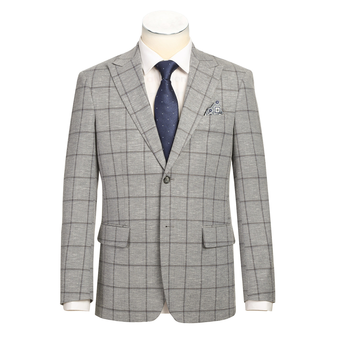 The Alessandro Vitello by Renoir Gray Blue blazer is styled on a mannequin with a white shirt, blue patterned silk tie, and matching pocket square.