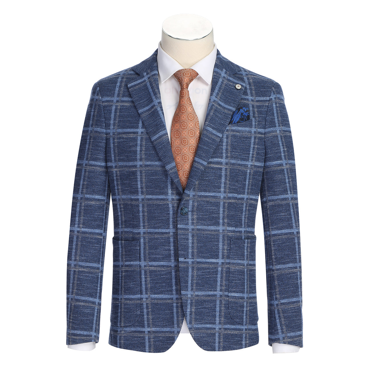 Displayed on a headless mannequin: the Pellagio Navy Blue Men's Slim Fit Riserva Jacket PS26-12, paired with a white dress shirt, orange patterned tie, and blue pocket square.