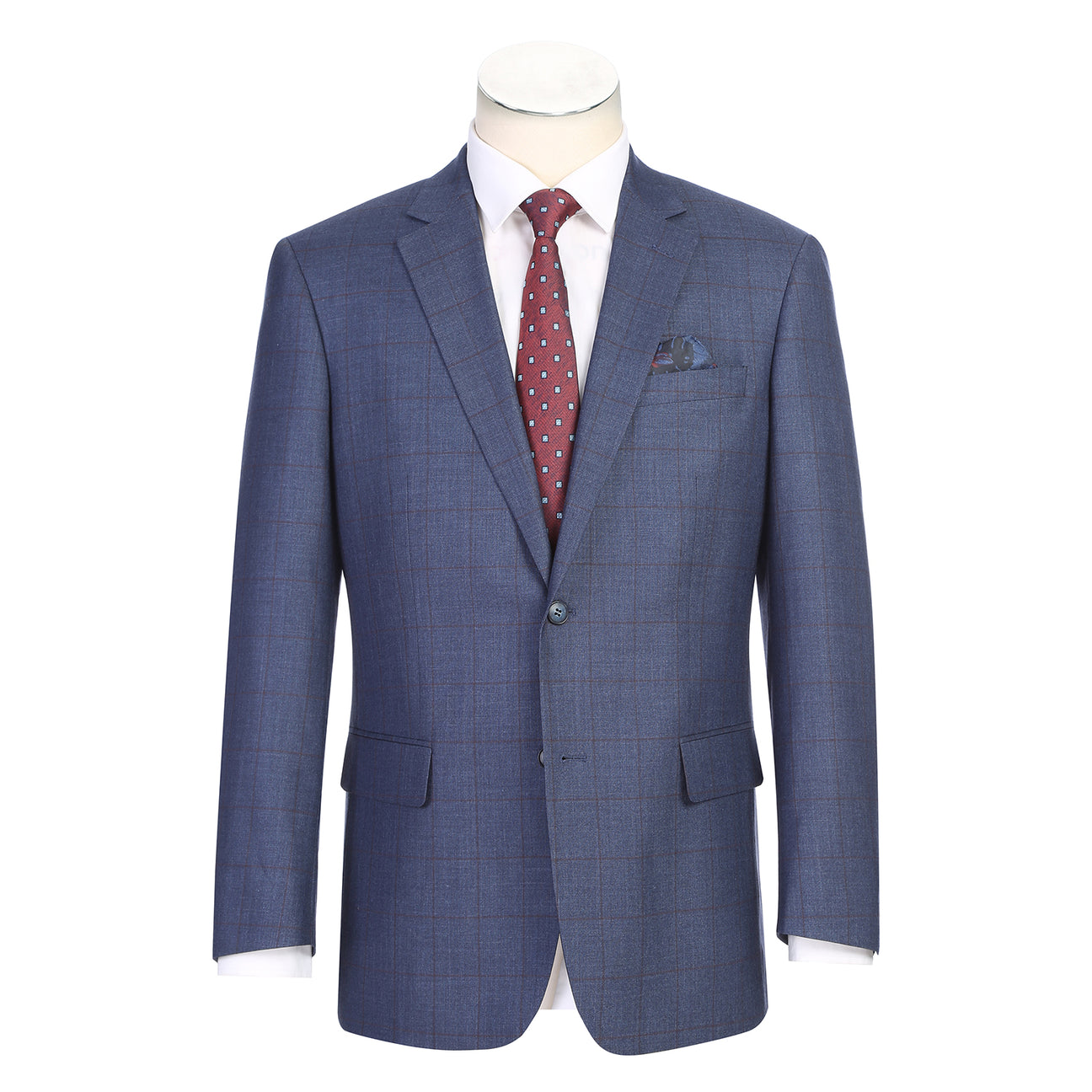 The Alessandro Vitello by Renoir Classic Fit Suit 293-56 features a blue side-vented jacket with a 3-inch notch lapel, flat front pants, four cuff buttons, plus fabric, stitching, and brand label close-ups from Renoir.