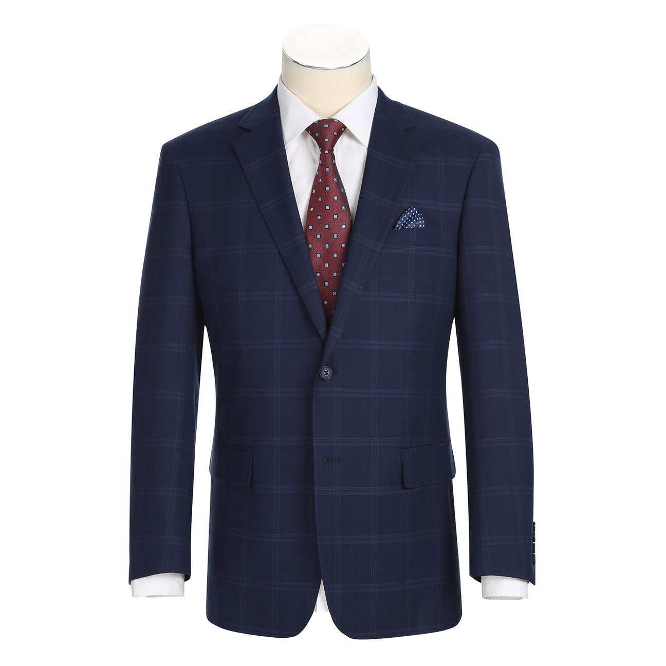 The Renoir Alessandro Vitello Classic Fit Galaxy Blue Suit 293-41 is displayed on a mannequin with a white dress shirt, maroon polka dot tie, and matching pocket square.