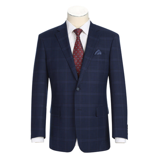 The Renoir Alessandro Vitello Classic Fit Galaxy Blue Suit 293-41 is displayed on a mannequin with a white dress shirt, maroon polka dot tie, and matching pocket square.