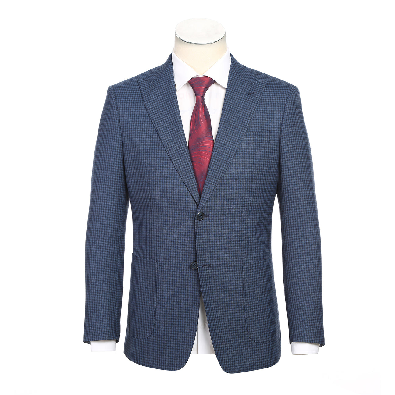 The ENGLISH LAUNDRY Navy Check Suit 22-10-412EL by English Laundry is a slim fit jacket with a two-button closure, styled with a white dress shirt and red patterned tie on a headless mannequin.