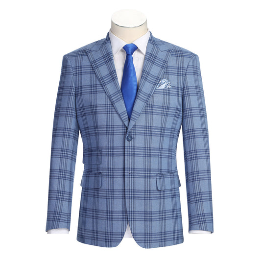 The Alessandro Vitello by Renoir New Slim Fit Blue Blazer 294-63 from Renoir, featuring notch lapels, is shown on a faceless mannequin with a white shirt and blue tie.