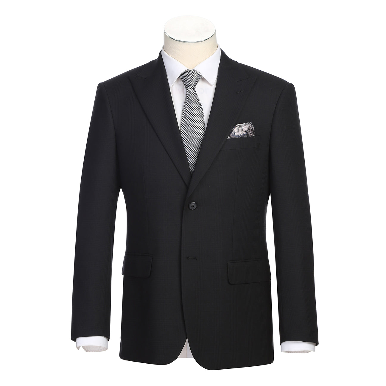 The Alessandro Vitello by Renoir New Slim Fit Black Suit 293-57 by Renoir is displayed on a mannequin with a black single-breasted jacket, white dress shirt, patterned tie, and pocket square.