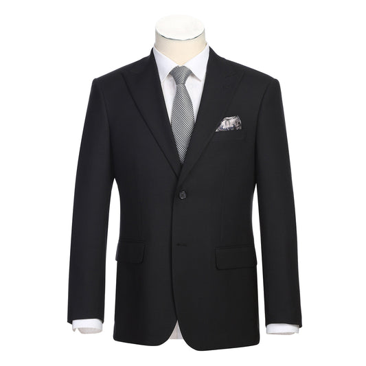 The Alessandro Vitello by Renoir New Slim Fit Black Suit 293-57 by Renoir is displayed on a mannequin with a black single-breasted jacket, white dress shirt, patterned tie, and pocket square.