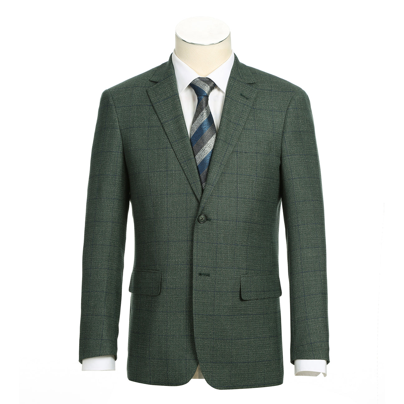 The Alessandro Vitello by Renoir New Slim Fit Green Blazer 294-36 features a dark green plaid, single-breasted design with two buttons, notch lapel, and flap pockets, shown on a mannequin with a white shirt and blue striped tie.