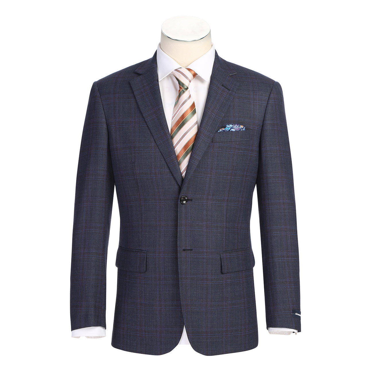 The Renoir Alessandro Vitello New Slim Fit Wool Brown Blazer 567-3 is expertly tailored from 100% wool; close-ups highlight its lapel and buttoned sleeve details. Paired with a striped tie and pocket square for added style.