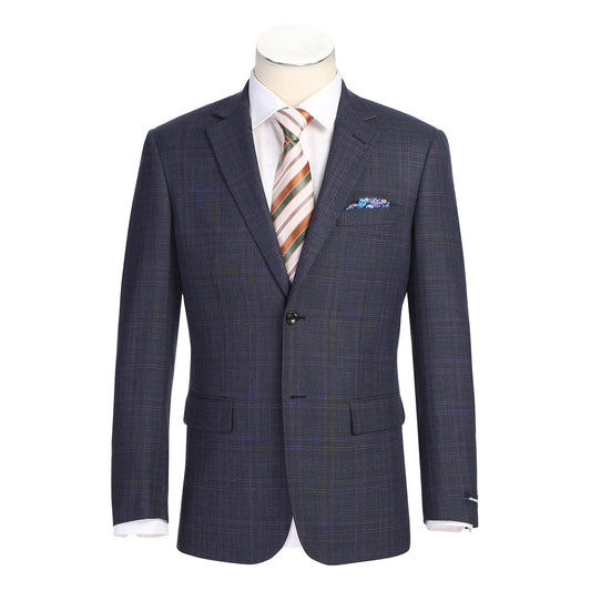The Renoir Alessandro Vitello New Slim Fit Wool Brown Blazer 567-3 is expertly tailored from 100% wool; close-ups highlight its lapel and buttoned sleeve details. Paired with a striped tie and pocket square for added style.