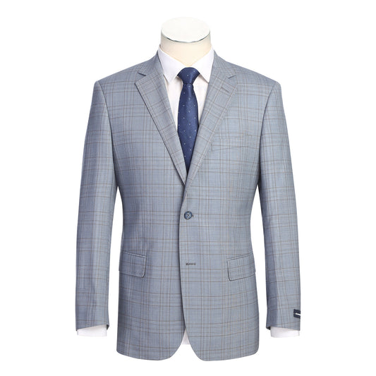 The Renoir Alessandro Vitello by Renoir Classic Fit Wool Blue Suit 568-7, featuring notch lapels, is displayed on a mannequin over a white dress shirt and navy blue patterned tie.