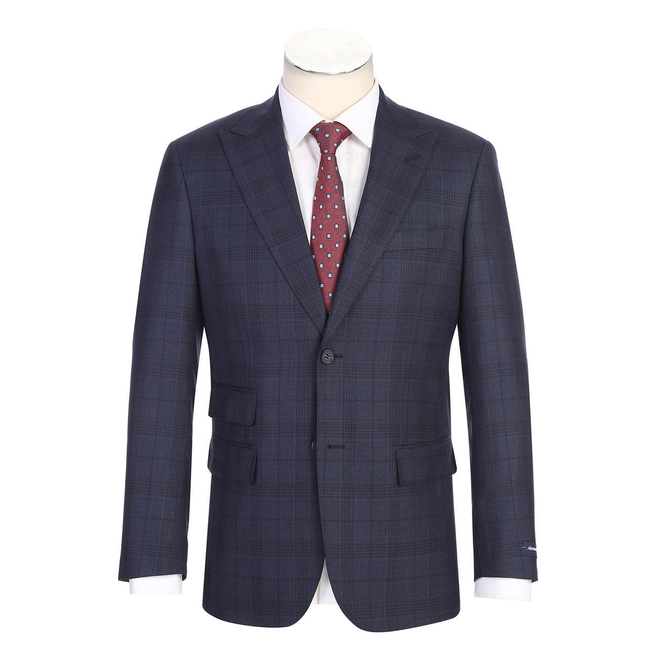 Showcase of Renoir’s Alessandro Vitello New Slim Fit Suit 568-3 in dark blue patterns, with peak lapel jackets, matching flat front pants, fabric/button close-ups, and side vents.