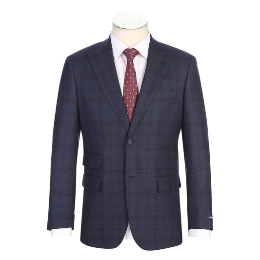 Showcase of Renoir’s Alessandro Vitello New Slim Fit Suit 568-3 in dark blue patterns, with peak lapel jackets, matching flat front pants, fabric/button close-ups, and side vents.