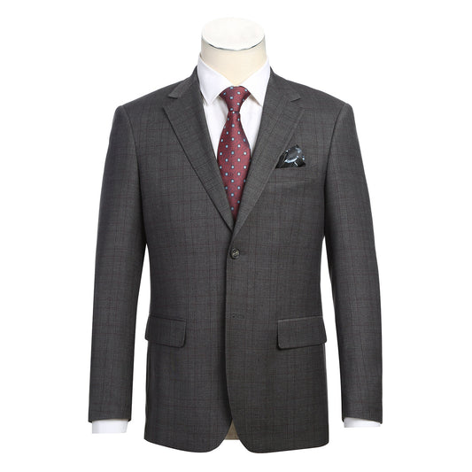 The Alessandro Vitello by Renoir New Slim Fit Gray Suit 293-47 is displayed on a mannequin, featuring a dark gray plaid design, polyester-rayon-spandex blend, paired with a white shirt, red patterned tie, and pocket square.