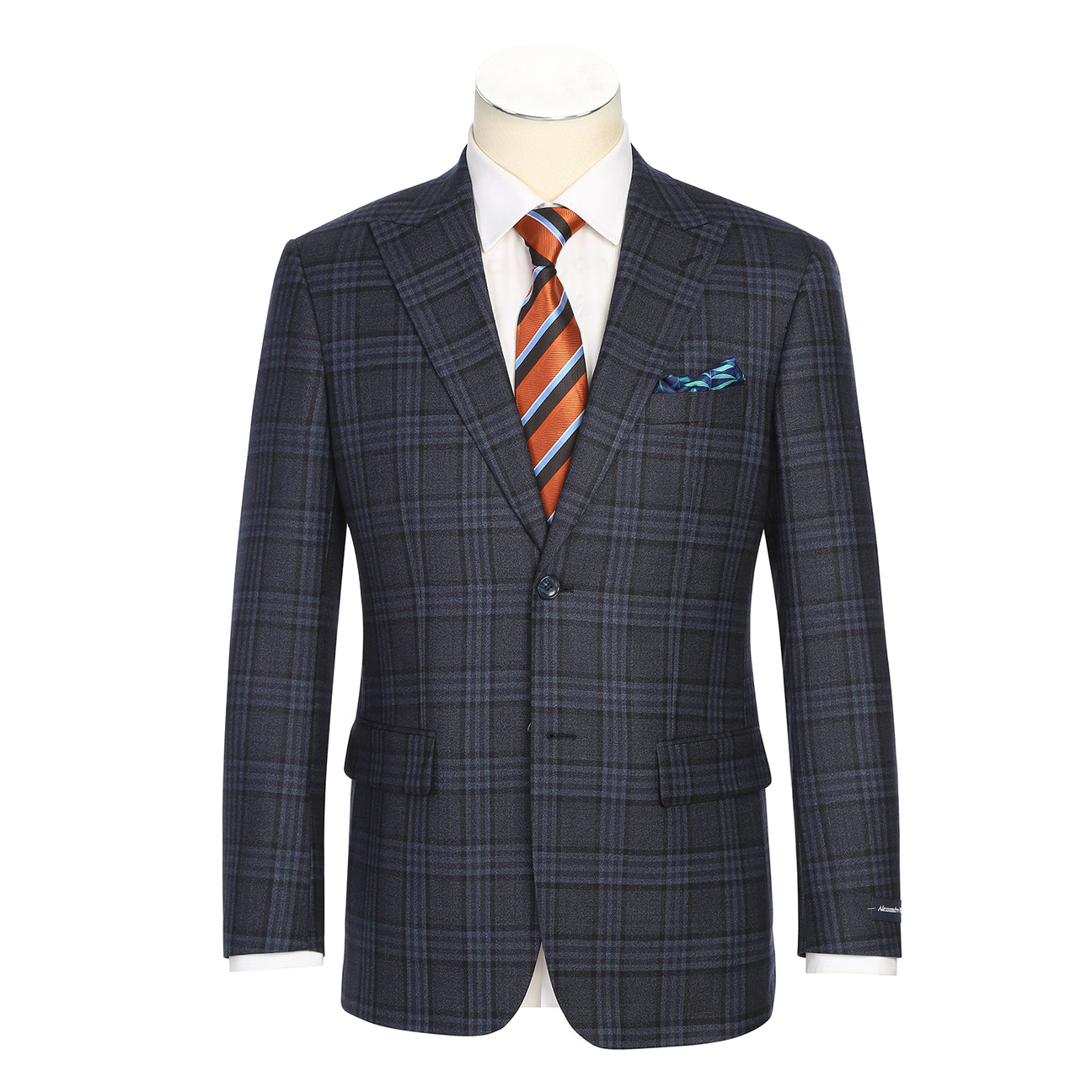 The Renoir Alessandro Vitello New Slim Fit Wool Dark Gray Blazer 567-6 features notched lapels, two buttons, flap pockets, a blue pocket square, and an orange striped tie. Close-ups show interior details and sleeve buttons.