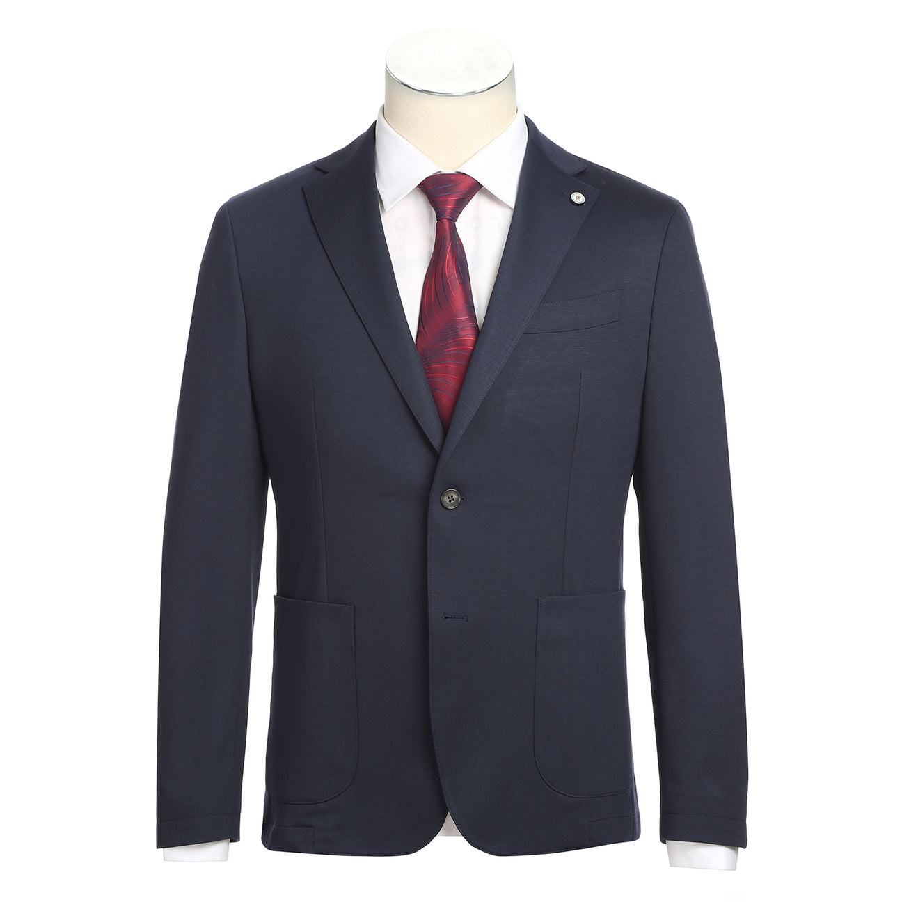 The mannequin wears a Pellagio Midnight Navy Men's Half Canvas Suit PF24-16, featuring a notched lapel, slim fit, and two buttons, paired with a white shirt and red patterned tie.