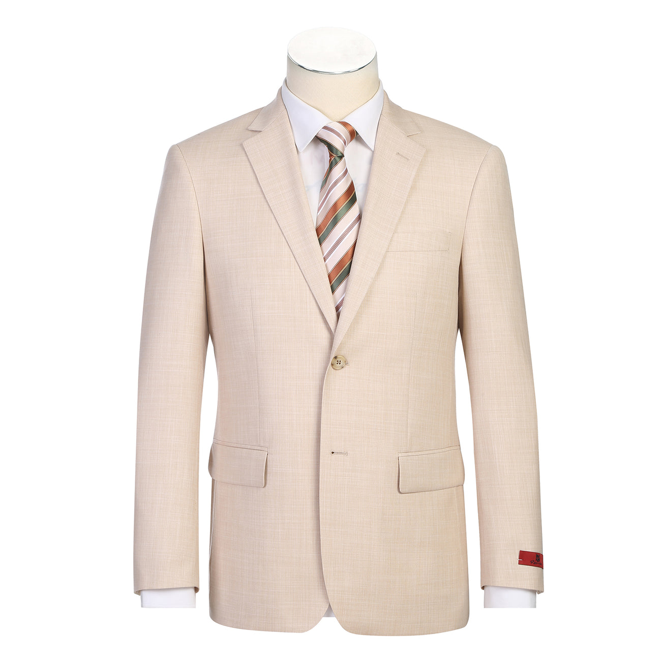 The Alessandro Vitello by Renoir New Slim Fit Suit 203-13 is a beige men's single-breasted jacket displayed on a mannequin, styled with a white dress shirt and a beige, brown, and white striped tie. Brand: Renoir.