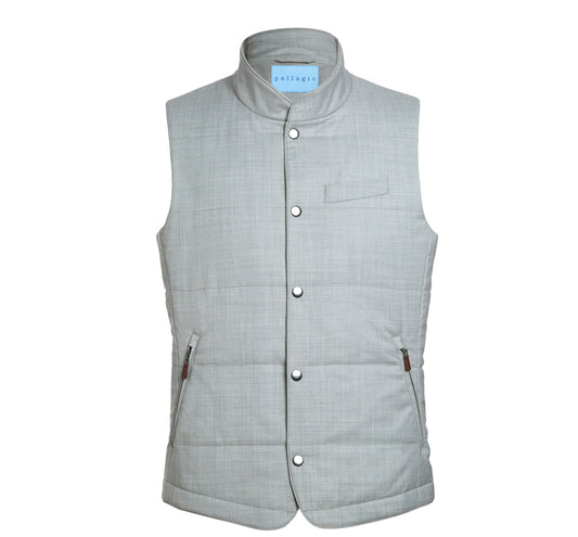 The Pellagio Solid Silver Winter Warm Puffer Wool Vest PF21-12 is a stylish men's vest featuring a quilted, sleeveless design with a mandarin collar and front pockets, ideal for keeping warm during winter.