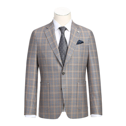 Displayed on the mannequin is the Pellagio Men's Half Canvas Light Gray Blazer PF23-3, featuring a sleek single-breasted design with a notched lapel. It pairs exquisitely with a crisp white shirt and a coordinating gray polka dot tie.