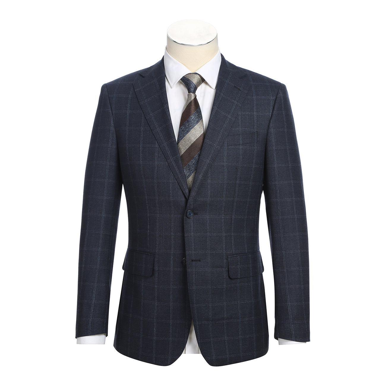 The ENGLISH LAUNDRY Navy Check Suit EL12-52-412 by English Laundry features a modern slim fit, shown here styled on a mannequin with a white dress shirt and striped tie for a sharp contemporary look.
