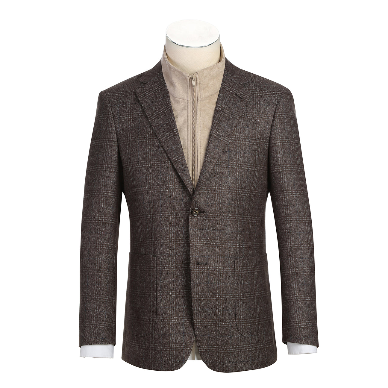 The Renoir Alessandro Vitello New Slim Fit Bib Brown Blazer 294-40 is shown on a headless mannequin with a classic notch lapel, layered over a beige zip-up sweater.