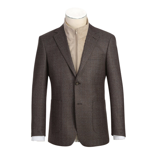 The Renoir Alessandro Vitello New Slim Fit Bib Brown Blazer 294-40 is shown on a headless mannequin with a classic notch lapel, layered over a beige zip-up sweater.
