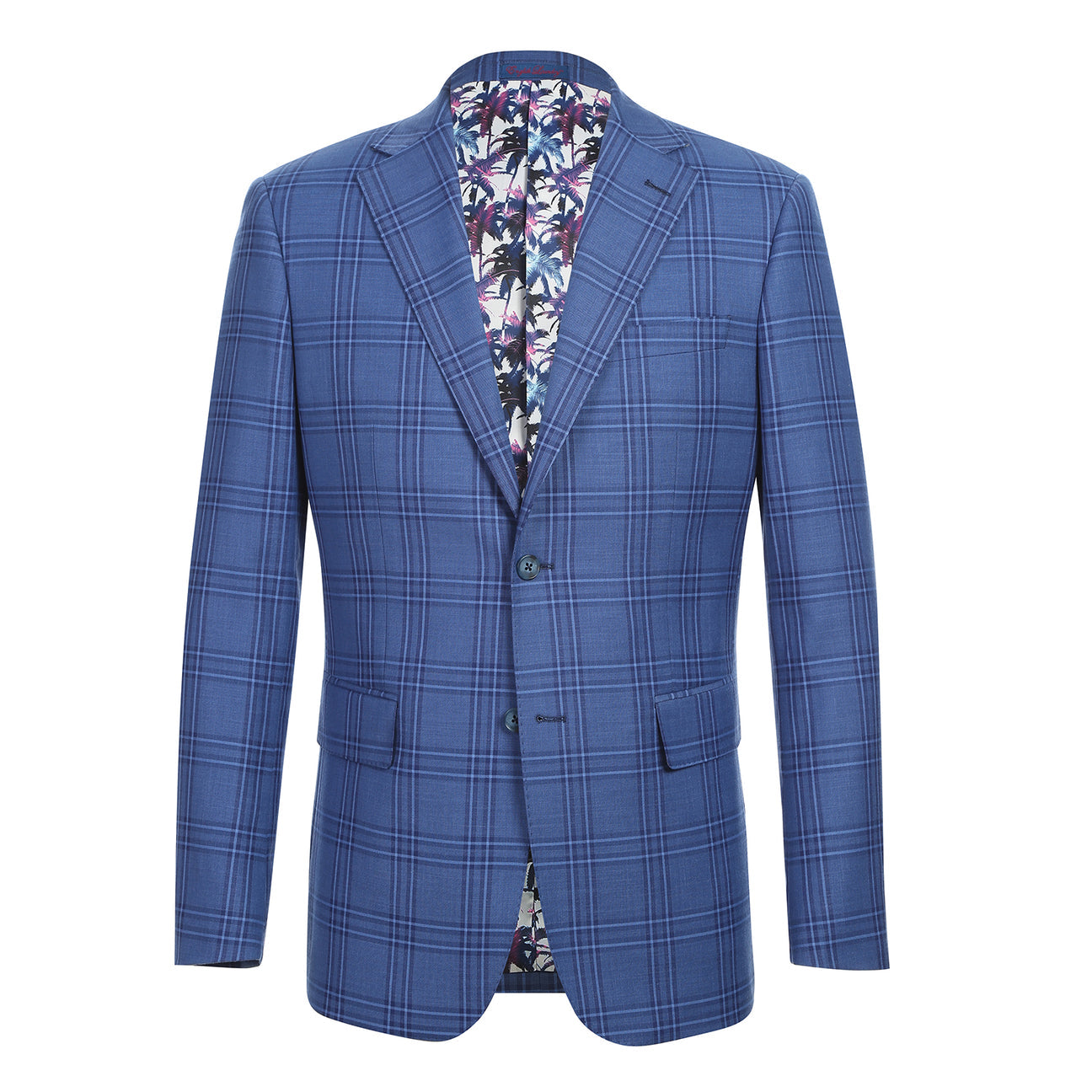 The ENGLISH LAUNDRY Blue Check Suit 12-63-411EL by English Laundry is a slim fit blue plaid blazer with two-button closure, notch lapels, front pockets, and a colorful floral lining, shown on a white background.
