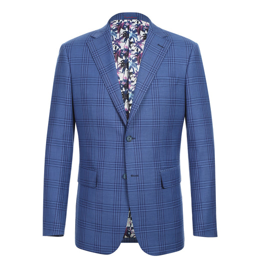 The ENGLISH LAUNDRY Blue Check Suit 12-63-411EL by English Laundry is a slim fit blue plaid blazer with two-button closure, notch lapels, front pockets, and a colorful floral lining, shown on a white background.
