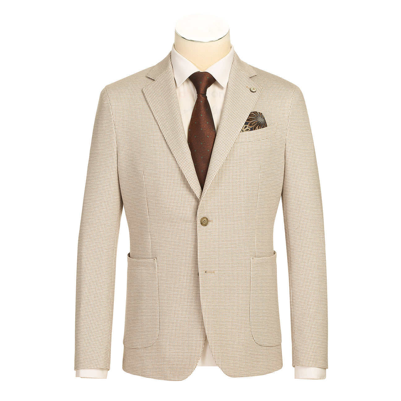 The Pellagio Men's Half Canvas Blazer Beige PS25-10 is displayed on a mannequin with a notched lapel, styled with a white dress shirt, brown patterned tie, and pocket square.