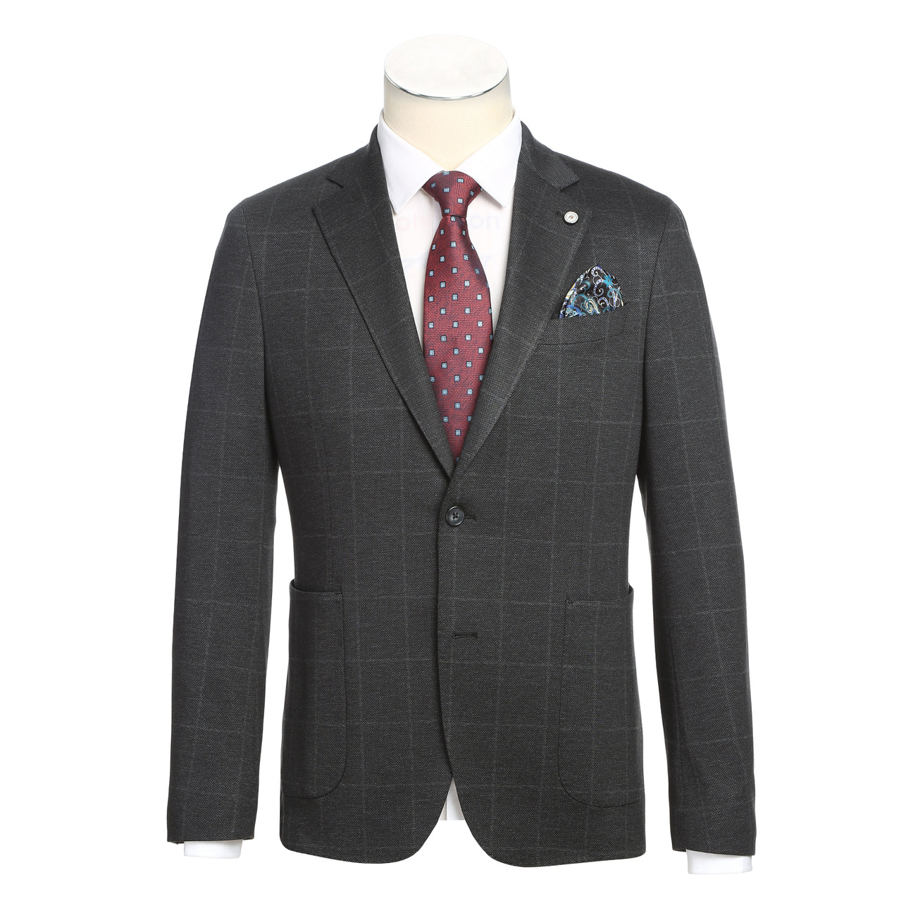 The Pellagio Ink Blue Men's Half Canvas Blazer PF24-7, featuring a single-breasted design and notched lapel, drapes elegantly on the mannequin over a crisp white shirt. A red polka dot tie and patterned pocket square complete the sophisticated ensemble.