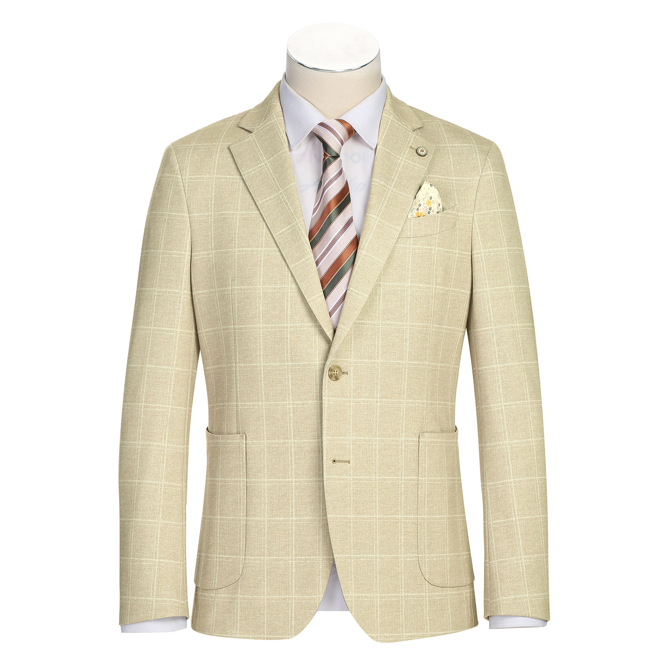 The Pellagio Beige Men's Slim Fit Riserva Jacket PS26-7 features a light check pattern, two buttons, front pockets, and a pocket square. Displayed on a mannequin with a white shirt and striped tie. Brand: Pellagio.