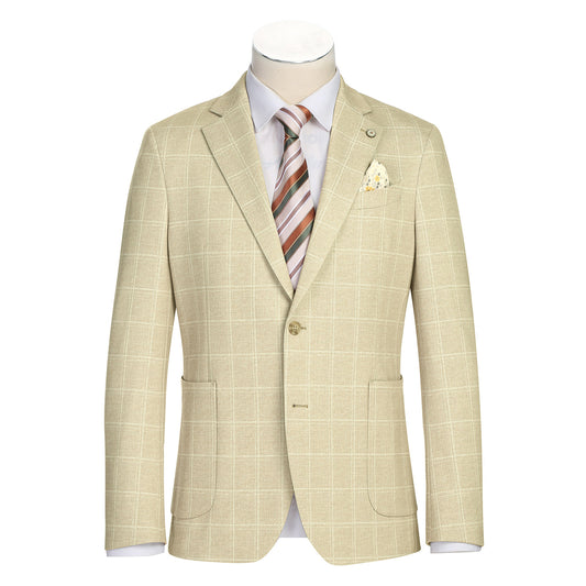The Pellagio Beige Men's Slim Fit Riserva Jacket PS26-7 features a light check pattern, two buttons, front pockets, and a pocket square. Displayed on a mannequin with a white shirt and striped tie. Brand: Pellagio.