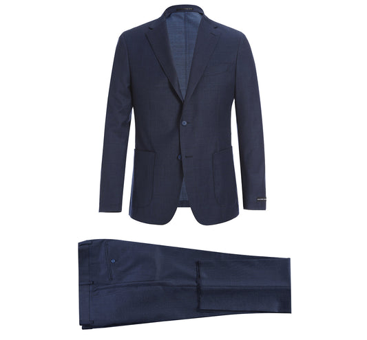 The Pellagio Men's Slim Fit Travel Suit in navy (PF20-17) features a single-breasted jacket with notch lapels and matching trousers, showcasing anti-microbial, stretch, and wrinkle-resistant fabric. Laid flat on a white background.
